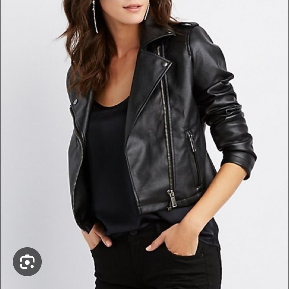 Charlotte Russ Black Faux Leather Moto Biker Jacket Women L Rock Punk Grunge Emo